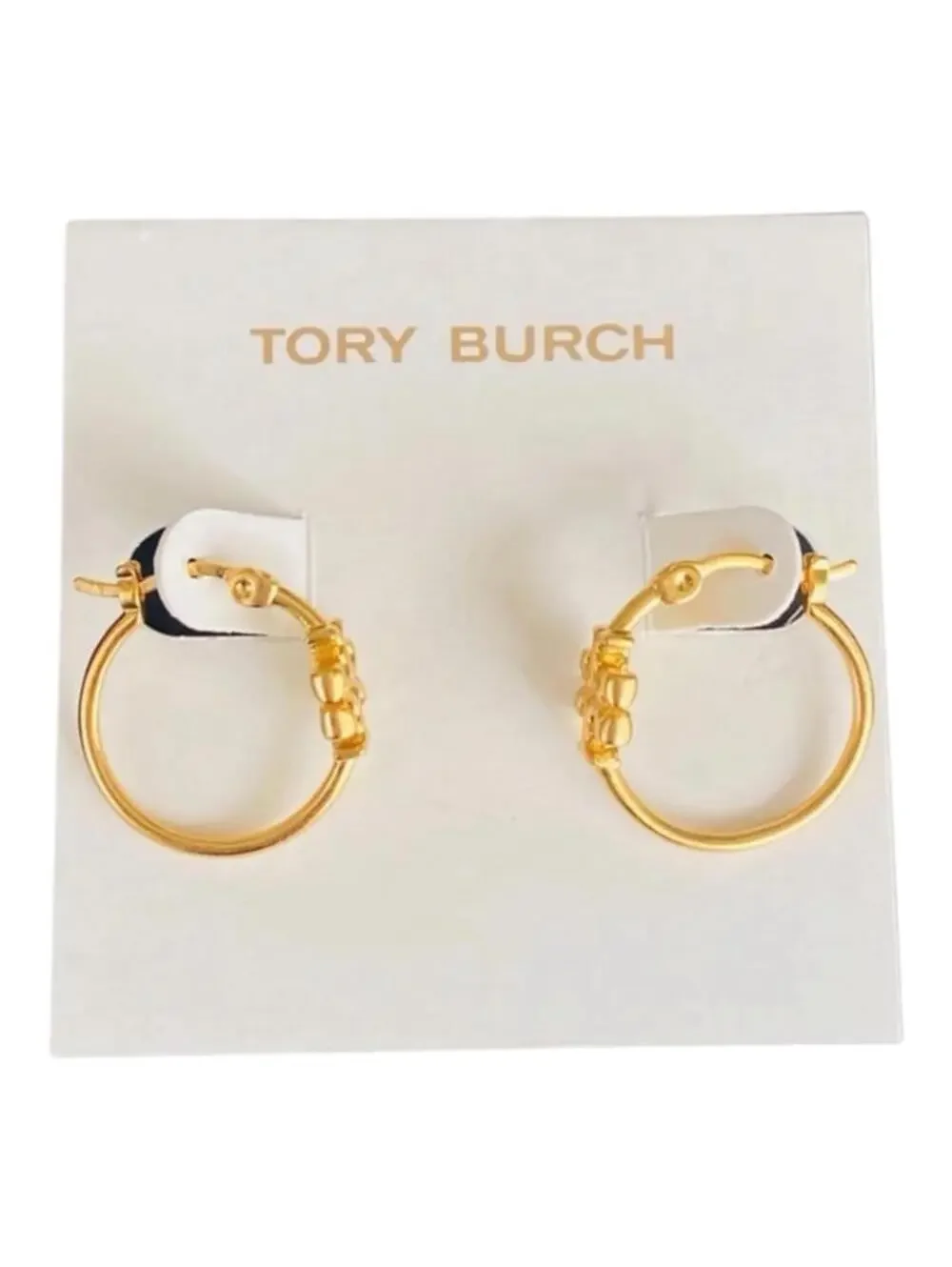 Tory Burch Silver Double T Logo Hoop Earrings NWT w Card